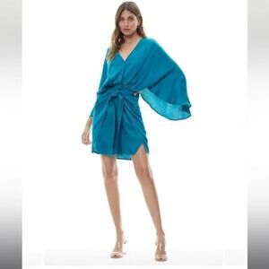 Young Fabulous & Broke YFB Addy Teal Satin Wing Sleeve Tie Waist Mini Dress